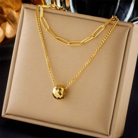 Collana A Doppio Strato Titanio Acciaio Inossidabile Ciondolo A Sfera Geometrica Sfaccettata Moda Gioielli Minimalisti Donna