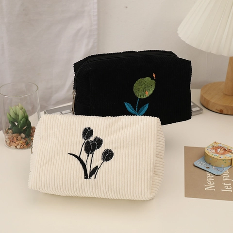 Astuccio In Velluto A Coste Ricamo Tulipano Borsa Per Cosmetici Grande Capacità Stile Ins Portatile Minimalista