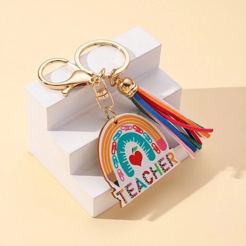 Teacher Appreciation Keychain Rainbow Wooden Plaque Multicolor Leather Tassel Keychain Creative Gift For Teacher Jewelry Pendant