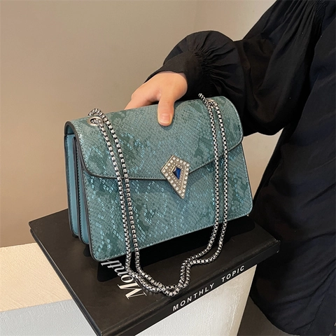 Women Crossbody Bag PU Leather Snake Pattern Metal Chain Strap Rhinestone Blue Gemstone Buckle Fashion Square Handbag