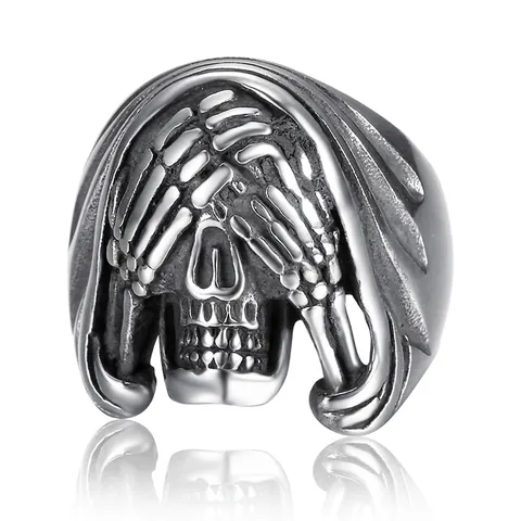 3D Totenkopf Ring Edelstahl Nicht Sehen Hören Sagen Gothic Punk Hip Hop Vintage Unisex Statement Schmuck