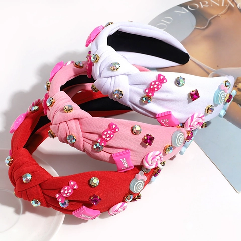 Serre-Tête En Tissu Noué Avec Strass Et Bonbons Bandeau Large Antidérapant Avec Accessoires Sucette Pour Femmes Filles