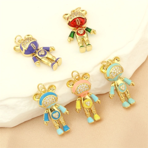 Pendente Orso Astronauta Cartone Animato Rame Placcato Oro Smalto Zircone Accessori Gioielli DIY