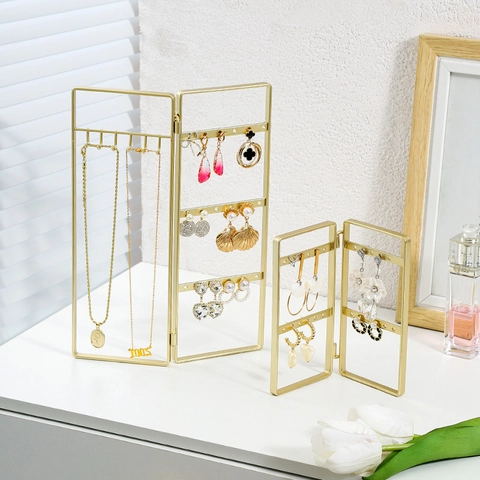 Gold Metal Jewelry Display Rack Foldable Screen Earring Organizer Stand For Necklace Bracelet Nordic Style Elegant
