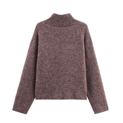 Cárdigan de Punto de Cuello Alto con Cremallera para Mujer con Botones Decorativos Color Sólido Manga Larga Suelto