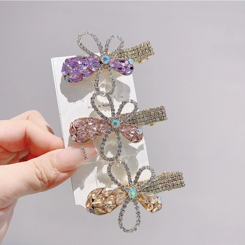 Vintage French Rhinestone Flower Hair Clip Alloy Side Duckbill Clip Elegant Korean Style Crystal Hairpin Women Accessory