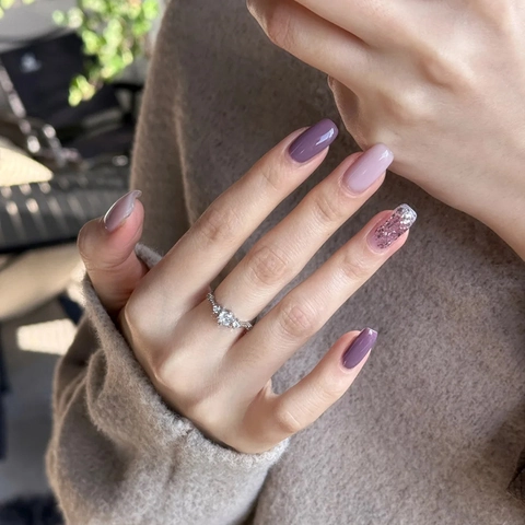 Purple Pink Shimmer Press On Nails Short Square Glitter False Nails For Women Girls ABS Resin DIY Manicure