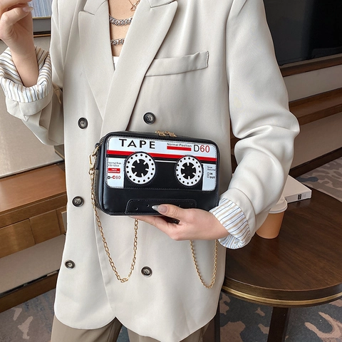 Women Retro Cassette Tape Shape Crossbody Bag Vintage PU Leather Shoulder Bag Gold Chain Strap Trendy Square Purse
