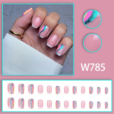 Press On Nails French Tip Aurora Ripple Wave Pattern Square Artificial Fingernails Summer Fashion DIY Manicure For Women