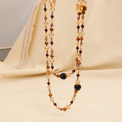 Vintage Maillard Style Beaded Layered Necklace For Women Bohemian Long Sweater Chain Crystal Glass Alloy Jewelry Accessory