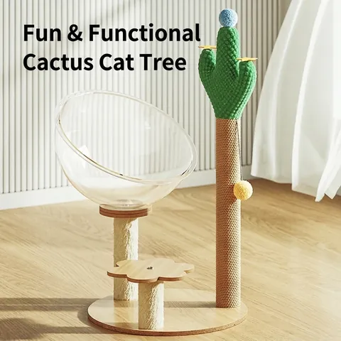 Cactus Cat Tree Climbing Frame With Transparent Space Capsule Sisal Scratcher Post Turntable Interactive Toy For Kittens Indoor