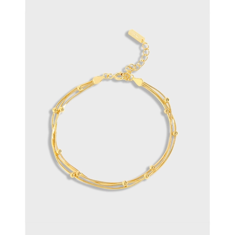 Bracciale Coreano in Argento Sterling S925 a Tre Strati a Catena a Serpente Perla Rotonda Design Geometrico Gioielli Donna