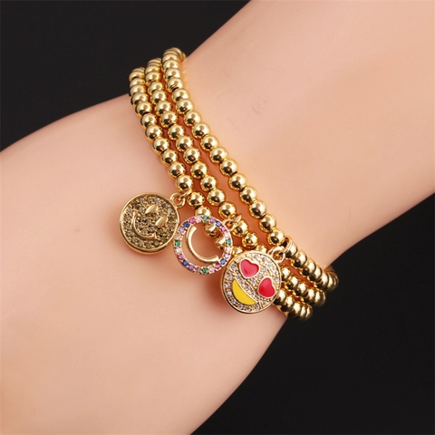 Smiley Gesicht Perlenarmband Gold Vergoldetes Kupfer Mit Bunten Zirkonia Herzaugen Elastischer Schmuck Damen
