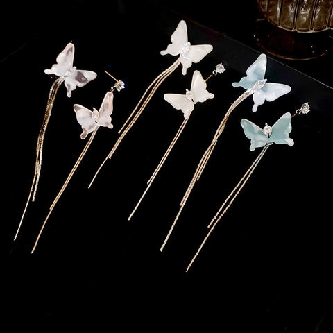 Orecchini Asimmetrici A Farfalla Con Nappine In Resina Zircone Lega E Perno In Argento Stile Elegante Da Donna