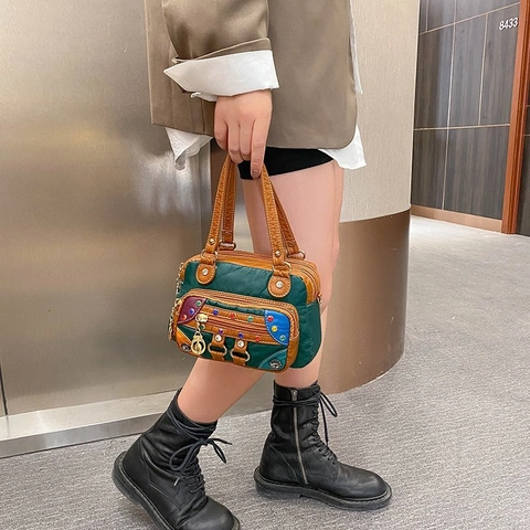 Vintage Women Crossbody Bag Washed PU Leather Handbag Multi Pocket Color Contrast Rivet Rhinestone Shoulder Purse