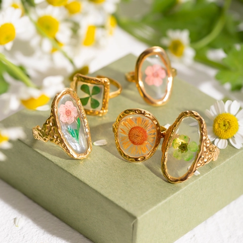 Vintage Roestvrij Staal Vergulde Gedroogde Bloem Hars Open Ring Voor Vrouwen Handgemaakte Zonnebloem Verstelbare Mode-Sieraden Cadeau