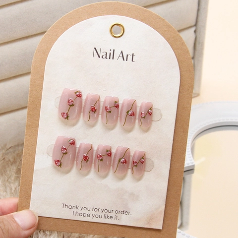 Handmade Press On Nails Pink Cat Eye Strawberry Pattern Glitter Short Square Detachable Fake Nails For Women