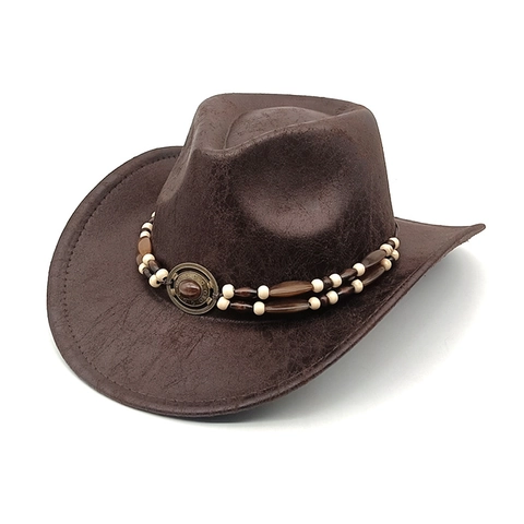 Vintage Western Cowboy Hat Suede Texture Wide Brim Ethnic Bead Chain Metal Buckle Outdoor Riding Sun Hat Unisex