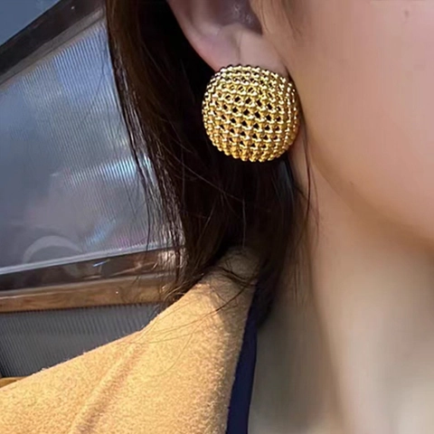 Statement Hollow Beaded Sphere Jewelry Copper Granulated Texture Open Ring Stud Earrings Cuff Bracelet Vintage Luxury Style