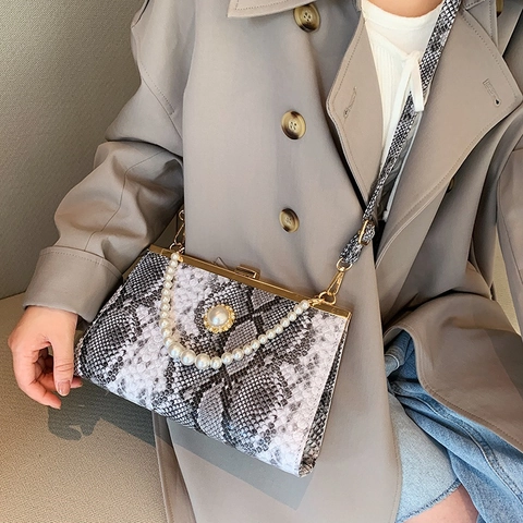 Women Vintage Snake Pattern Evening Bag With Artificial Pearl Handle PU Leather Chain Shoulder Crossbody Bag Metal Clasp Handbag