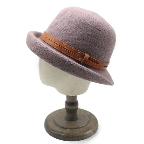 Women Cloche Hat Knitted Viscose Polyester Dome Top Leather Belt Metal Buckle Retro British Vintage Winter Warm