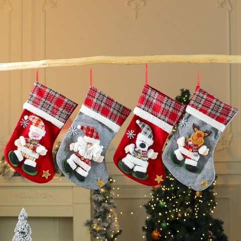 Grote Kerstsok Cadeauzak Polyester Vilt Met 3D Kerstman Sneeuwpop Rendier Pop Cartoon Vakantie Haard Decoratie