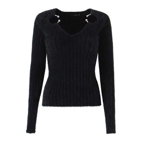 Dames V Hals Pluizige Gebreide Top Geribbelde Lange Mouwen Trui Metalen Ring Schouder Uitsparing Chic Slim Fit Zwart