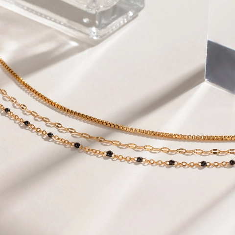 Gold Plated Stainless Steel Multi Layered Necklace For Women With Black Beads Waterproof Hypoallergenic Layered Chains