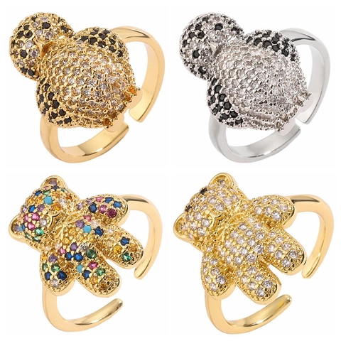Animal Open Ring Copper Micro Pave Zircon Bear Panda Penguin Chick Adjustable Jewelry For Women
