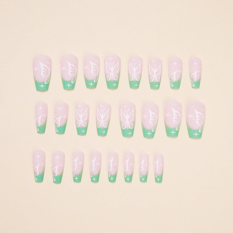 Unghie Finte Lunghe A Bara Con Punte Francesi Verde Menta Motivi A Farfalla Bianca E Stelle Elegante Manicure Artificiale