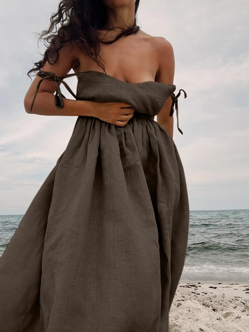 Women 100% Cotton V-Neck Cami Maxi Dress Backless Lace Up Elegant Sexy Flared A-Line Sleeveless Vacation Casual