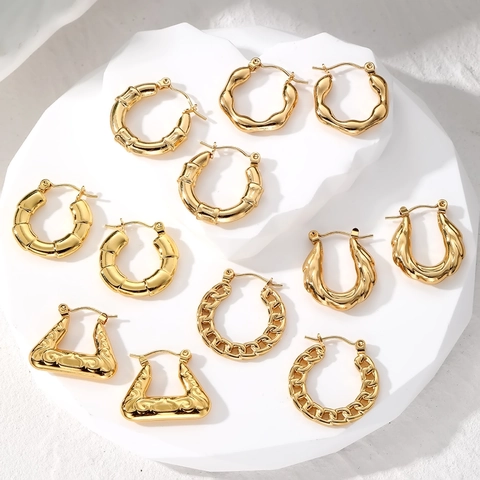 Stainless Steel Hoop Earrings Geometric U-Shape Bamboo Twisted Design Gold Plated Minimalist Jewelry For Women Men