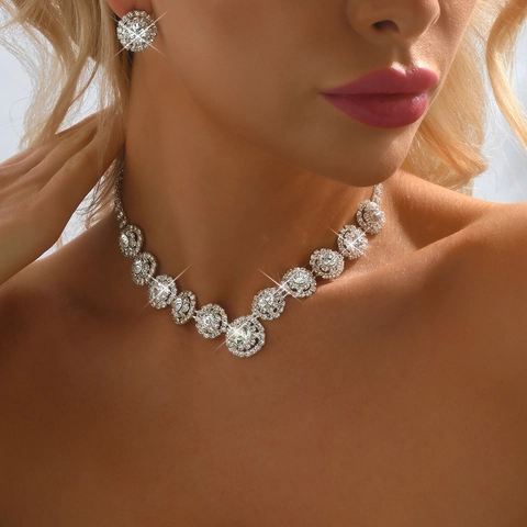 Elegante Collana E Orecchini A Fiore Con Strass Rame Placcato Argento Gioielli Da Sposa Africani Per Matrimonio Per Donne