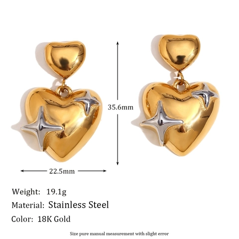 Herz Hängeohrstecker Vergoldet Edelstahl Stern Gravur Doppelschicht Herz Schmuck Für Damen