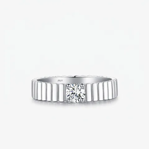 Anello Solitario In Moissanite Rotonda Argento Sterling 925 Texture Scanalata Verticale Gioielli Retro Minimalisti Geometrici
