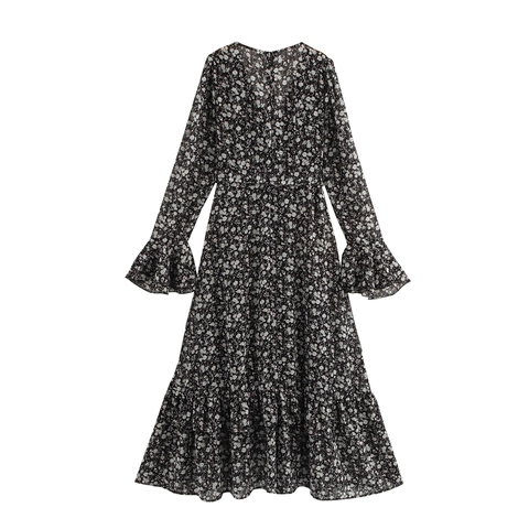Bloemen Maxi Jurk Polyester Diepe V-Hals Lange Uitlopende Mouwen Hoge Taille Elegante Franse Retro Stijl Voor Dames