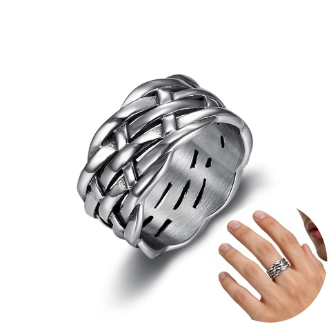 Anello In Acciaio Inossidabile Trama Intrecciata Tessuta Fascia Larga Argento Retro Stile Industriale Punk Gioielli Uomo Donna