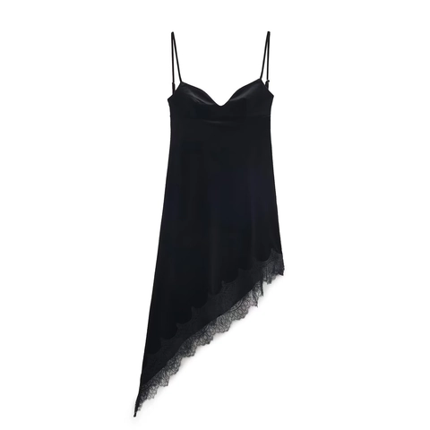 Women Elegant Velvet Lace Trim Midi Dress Backless Adjustable Cami Straps Sweetheart Neck Sexy Party Solid Black