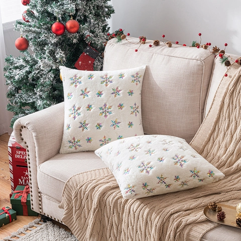 Housse De Coussin En Peluche Flocon De Neige Noël Nordique Broderie Paillettes Décoration De Fête Canapé Lit Fermeture Éclair