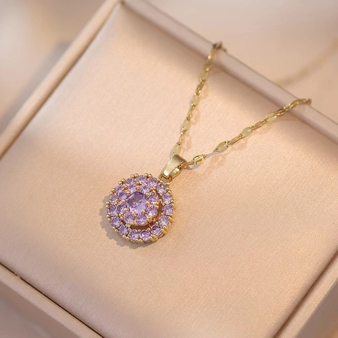 Purple Zircon Flower Necklace Rotating Ring And Earrings Stainless Steel 18K Gold Plated Elegant Jewelry For Women