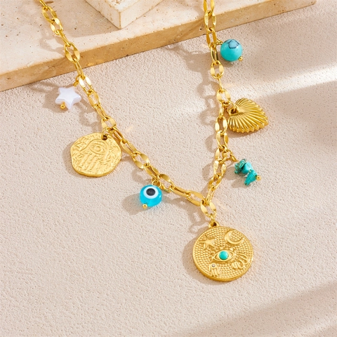 Stainless Steel Multi Charm Necklace Evil Eye Hamsa Hand Heart Star Moon Round Plaque Bohemian Style Jewelry For Women