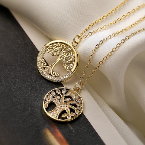 Fashion Copper Gold Plated Tree Of Life Pendant Necklace Women Zirconia Round Geometric Minimalist Choker Necklace Jewelry