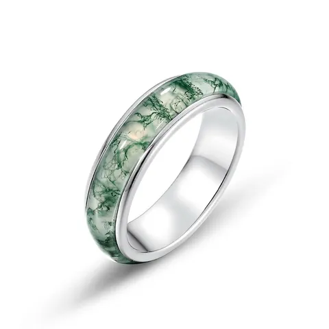 925 Sterling Silver Moss Agate Ring Minimalist Natural Green Stone Inlaid Finger Band For Women Fashion Commuter Jewelry