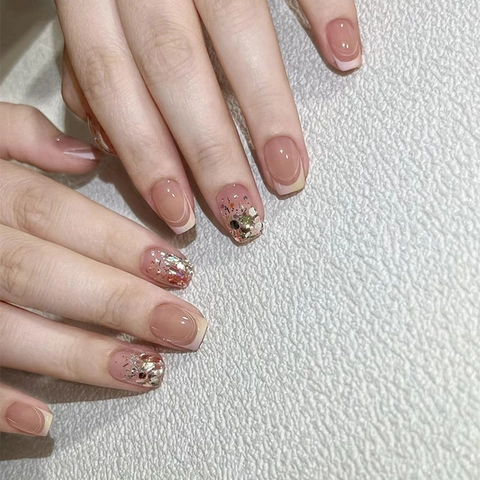 Uñas Postizas Press On Estilo Francés Nude Brillo Brillante Uñas Artificiales Elegante Diario Mujeres
