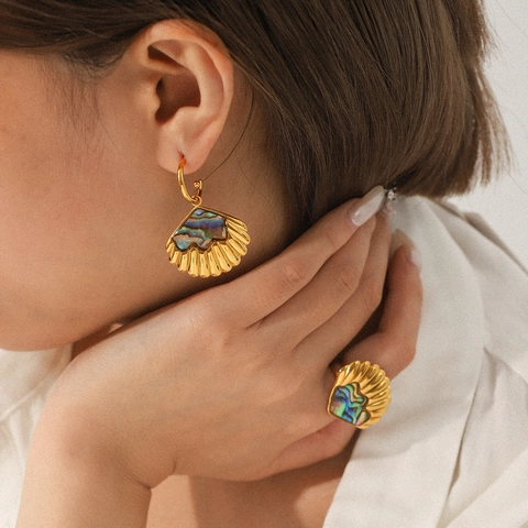 Boucles D'oreilles Et Bague Coquillage Acier Inoxydable Plaqué Or Nacre D'abalone Style Océan Bijoux Pour Femmes