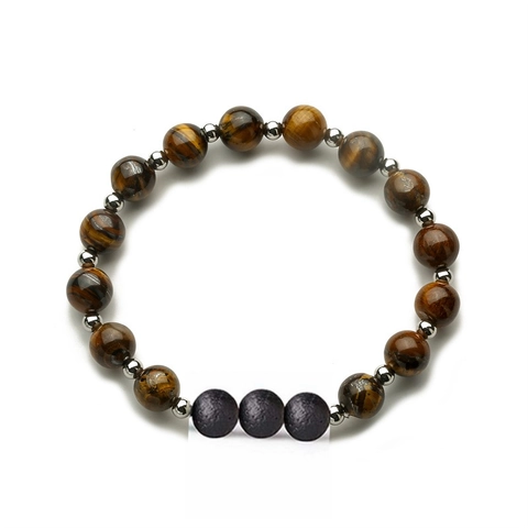 Natural Stone Beaded Bracelet With Lava Rock And Stainless Steel Spacers Elastic Yoga Healing Jewelry For Men Women