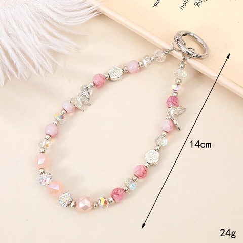Llavero de Cuentas Hecho a Mano Con Colgantes de Mariposa Rosa de Aleación Perla Artificial Strass Adorno Colgante Para Bolso Teléfono Joyería Mujer