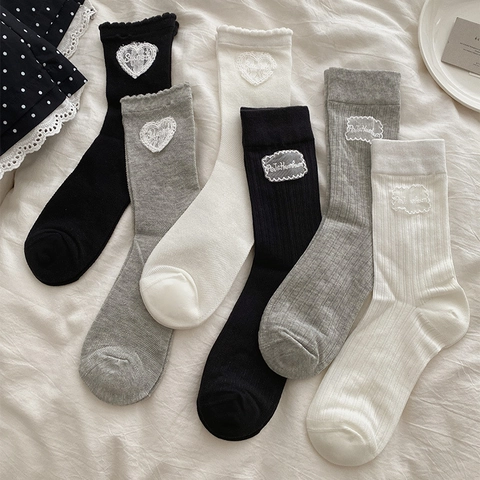 Women Mid Calf Socks Combed Cotton Ribbed Mesh Heart Embroidery Lace Patch Ballet Style Breathable Sweet Fashion