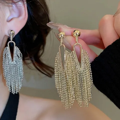 Vintage Geometric Tassel Dangle Earrings With 925 Sterling Silver Earring Post Chic Beaded Chain Long Copper Jewelry