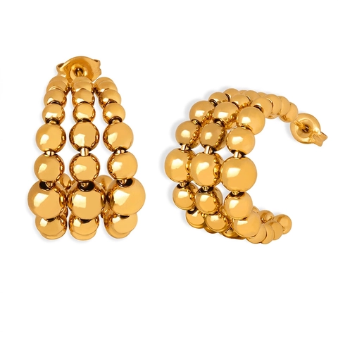 Pendientes De Aro En Forma De C Con Tres Filas De Cuentas Acero Inoxidable Pulido Chapado En Oro Joyas Para Mujer